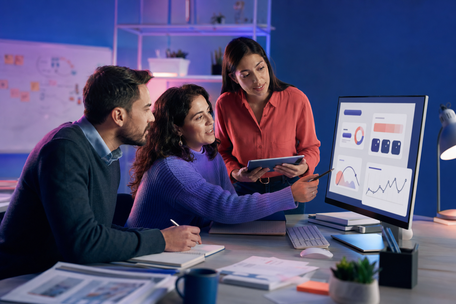 Equipo docente revisando información pedagógica y tomando decisiones en conjunto